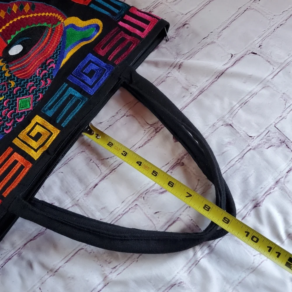 Embroidered Jaguars Tote Bag Multicolor Guatemalan Fabric Lined Zip Large Size